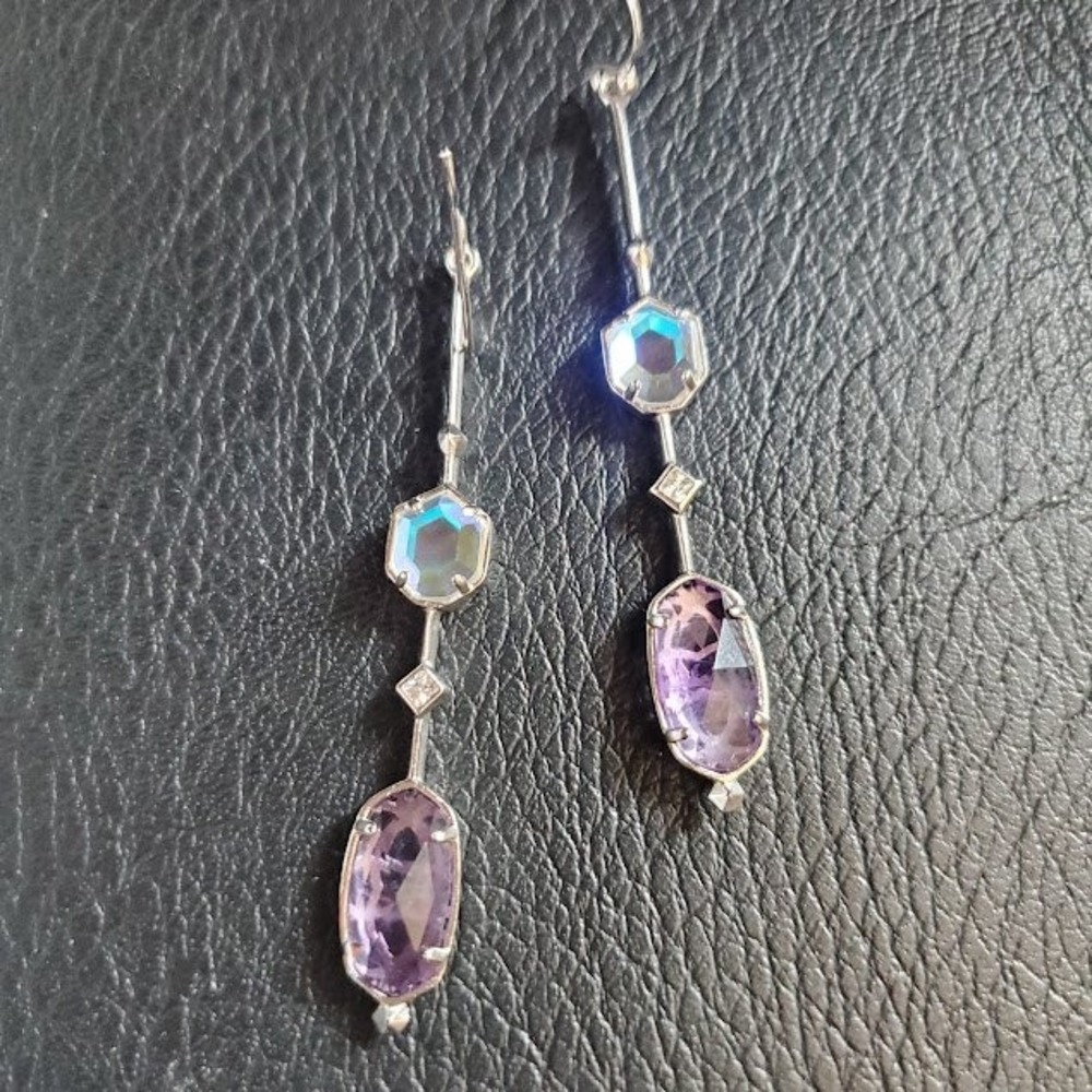 Kendra Scott Silver Tone Purple Amethyst Iridescent Crystal Drop Dangle Earrings - Picture 6 of 7